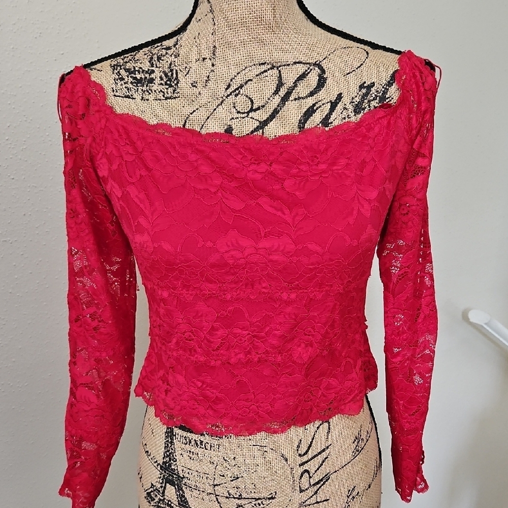 Guess Pink Lace Crop Top Fitted Long Sleeve